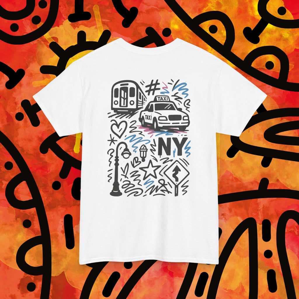 NYC Doodle Graphic Tee — Subway & Taxi Sketch T-Shirt