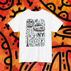 NYC Doodle Graphic Tee — Subway & Taxi Sketch T-Shirt